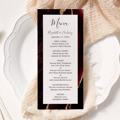 Modern Burgundy Gold Agate Blush Wedding Menu