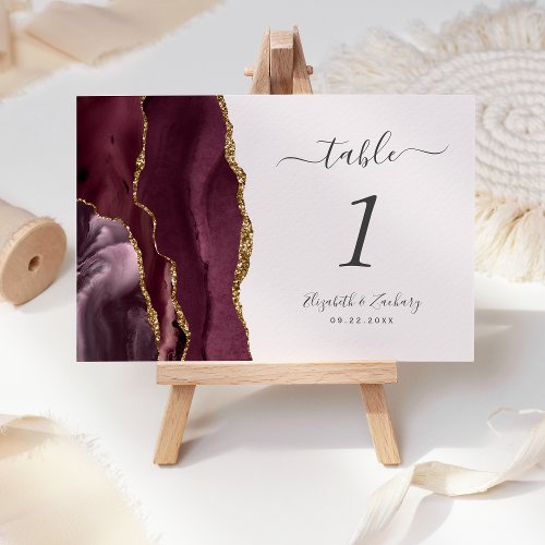 Modern Burgundy Gold Agate Blush Wedding Table Number