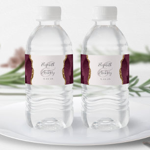 Modern Burgundy Gold Agate Blush Wedding Water Bottle Label