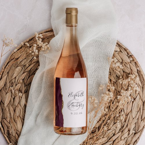 Modern Burgundy Gold Agate Blush Wedding Wine Label