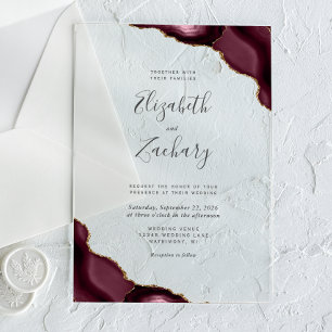 Modern Burgundy Gold Agate Corners Wedding Acrylic Invitations