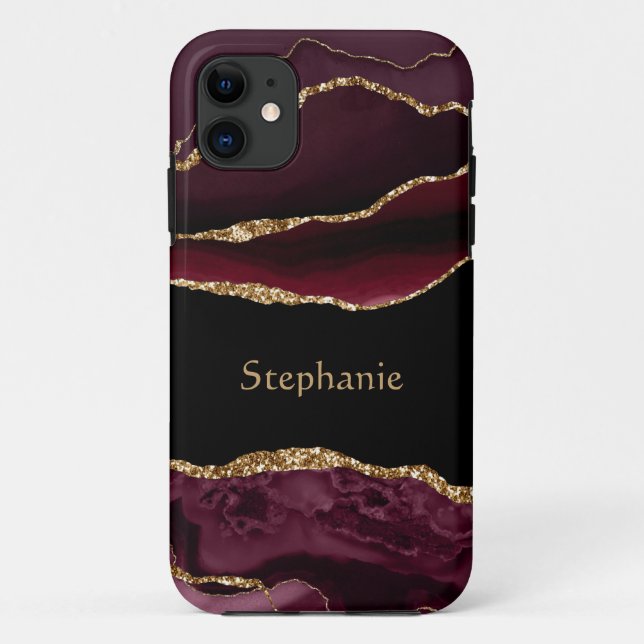 Modern Burgundy Gold Agate Crystal Personalize Case-Mate iPhone Case (Back)