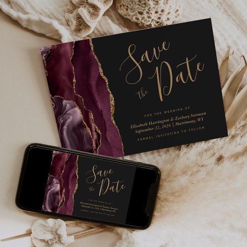 Modern Burgundy Gold Agate Dark Save the Date Card