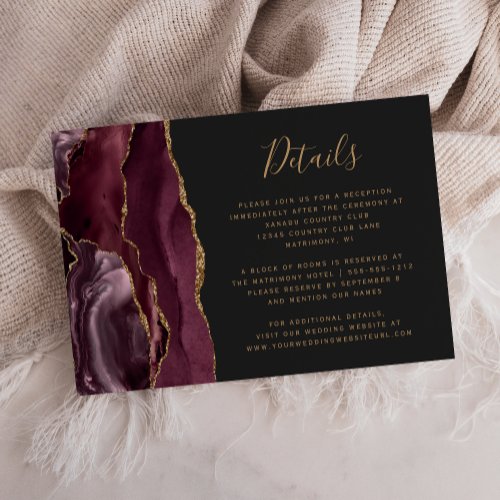 Modern Burgundy Gold Agate Dark Wedding Details Enclosure Card