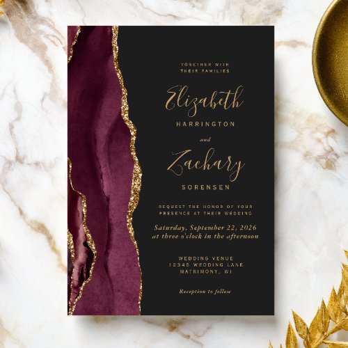 Modern Burgundy Gold Agate Dark Wedding Invitation