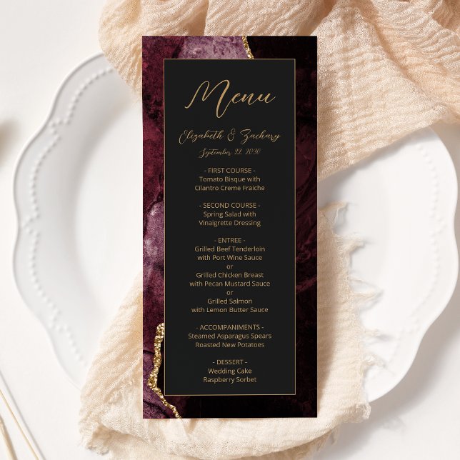 Modern Burgundy Gold Agate Dark Wedding Menu (Creator Uploaded)