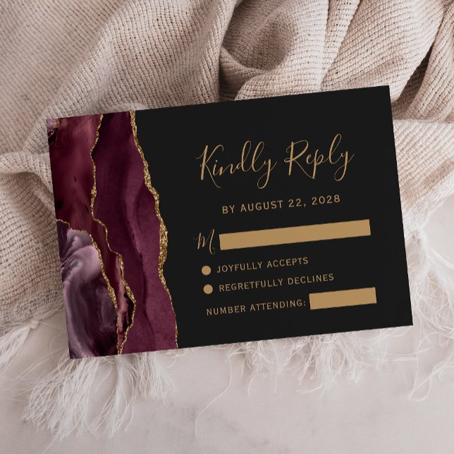 Modern Burgundy Gold Agate Dark Wedding RSVP Card (Creator Uploaded)