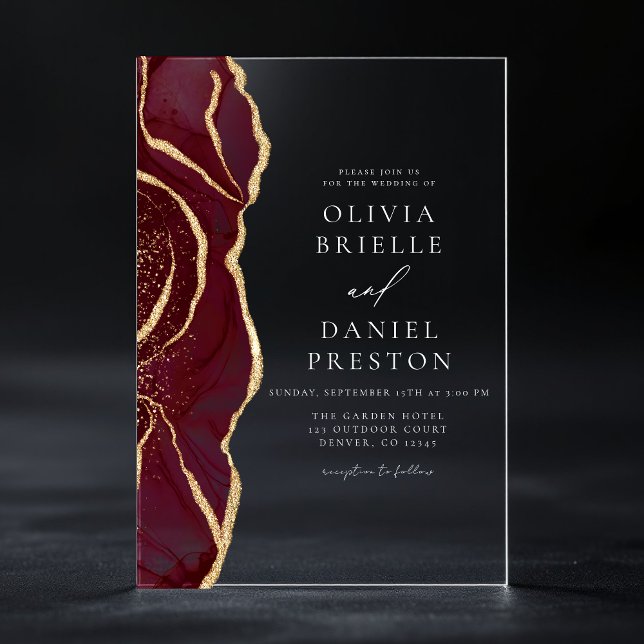 Modern Burgundy Gold Agate Elegant Wedding Acrylic Invitations (Creator Uploaded)