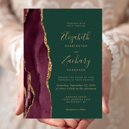 Modern Burgundy Gold Agate Emerald Green Wedding Invitation