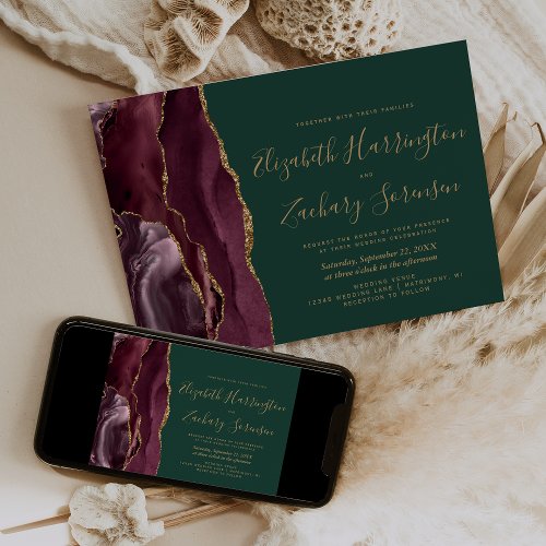 Modern Burgundy Gold Agate Emerald Green Wedding Invitation