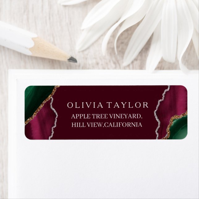 Modern Burgundy Gold Agate Emerald Green Wedding  Label (Insitu)