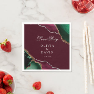Modern Burgundy Gold Agate Emerald Green Wedding  Napkins