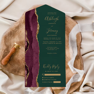 Modern Burgundy Gold Agate Green Wedding All In One Invitation