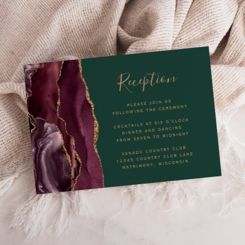 Modern Burgundy Gold Agate Green Wedding Reception Enclosure Card