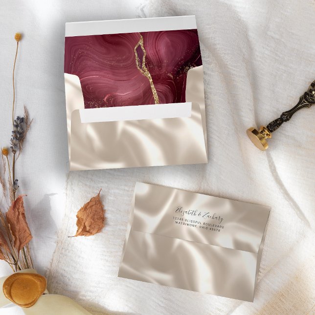Modern Burgundy Gold Agate Ivory Silk Wedding Envelope (Creator Uploaded)