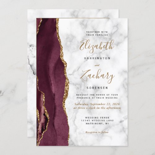 Modern Burgundy Gold Agate Marble Photo Wedding Invitation