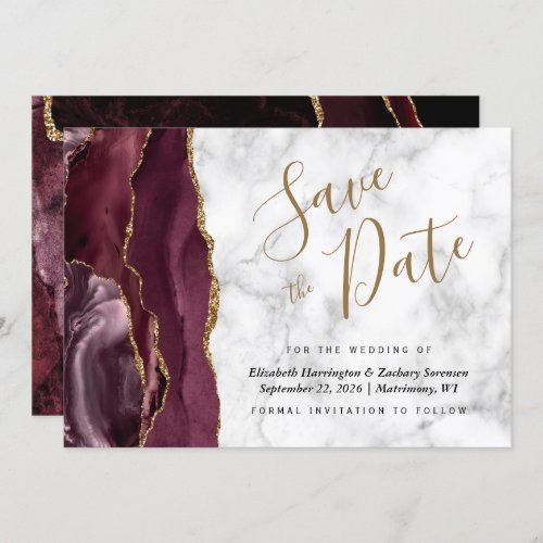Modern Burgundy Gold Agate Marble Save the Date Invitation