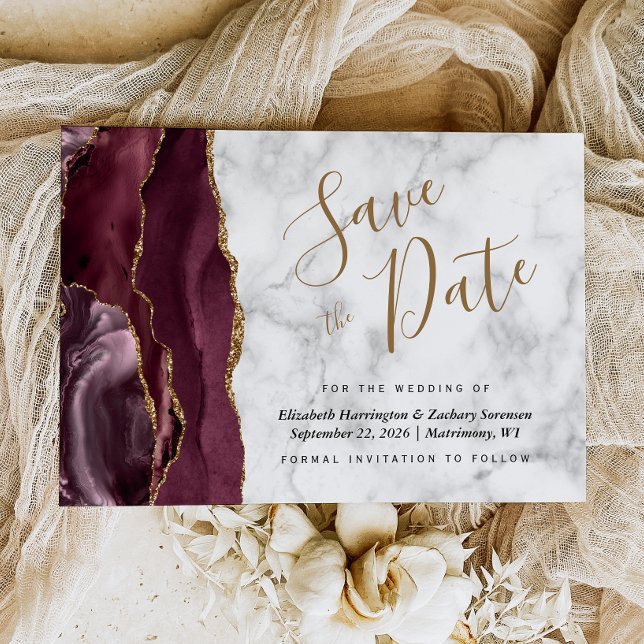 Modern Burgundy Gold Agate Marble Save the Date Invitation (Creator Uploaded)