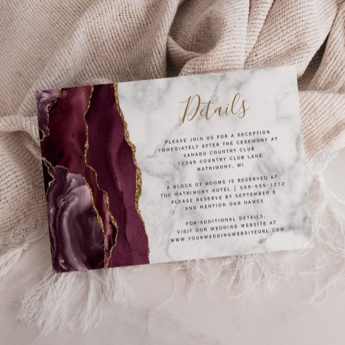Modern Burgundy Gold Agate Marble Wedding Details Enclosure Card