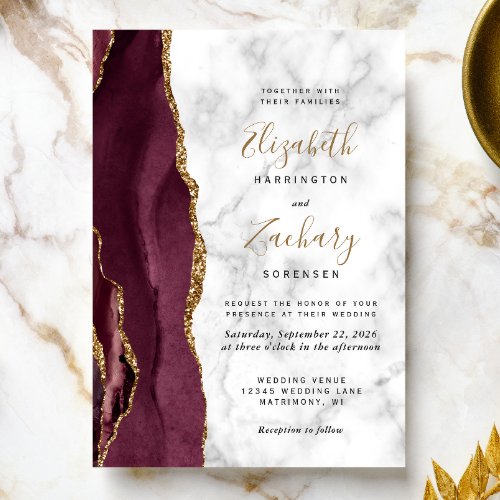 Modern Burgundy Gold Agate Marble Wedding Invitation