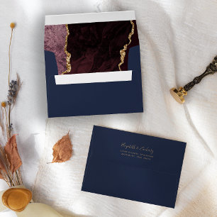 Modern Burgundy Gold Agate Navy Blue Wedding Envelope