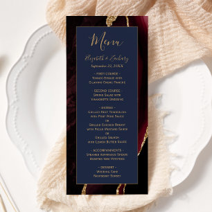 Modern Burgundy Gold Agate Navy Blue Wedding Menu