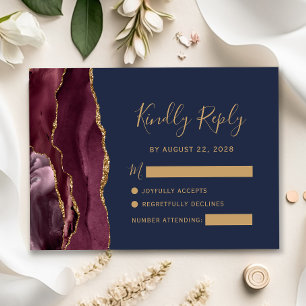 Modern Burgundy Gold Agate Navy Blue Wedding RSVP Card
