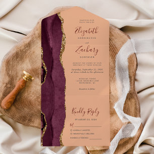 Modern Burgundy Gold Agate Peach Wedding All In One Invitation