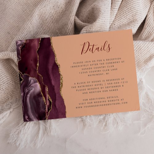 Modern Burgundy Gold Agate Peach Wedding Details Enclosure Card