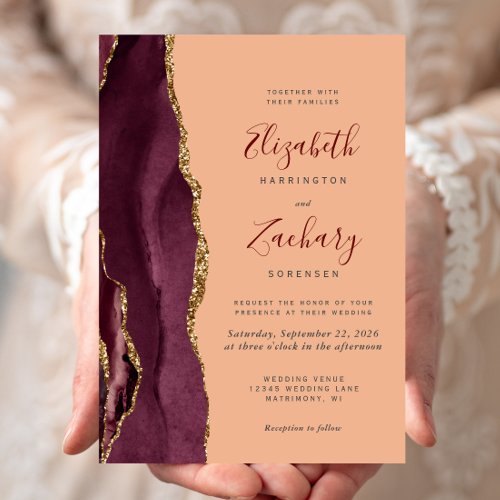 Modern Burgundy Gold Agate Peach Wedding Invitation