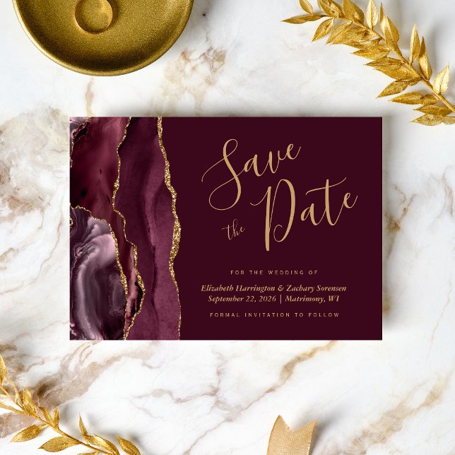 Modern Burgundy Gold Agate Save the Date Card (Creator Uploaded)