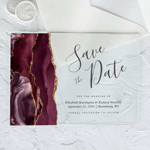 Modern Burgundy Gold Agate Save the Date Card