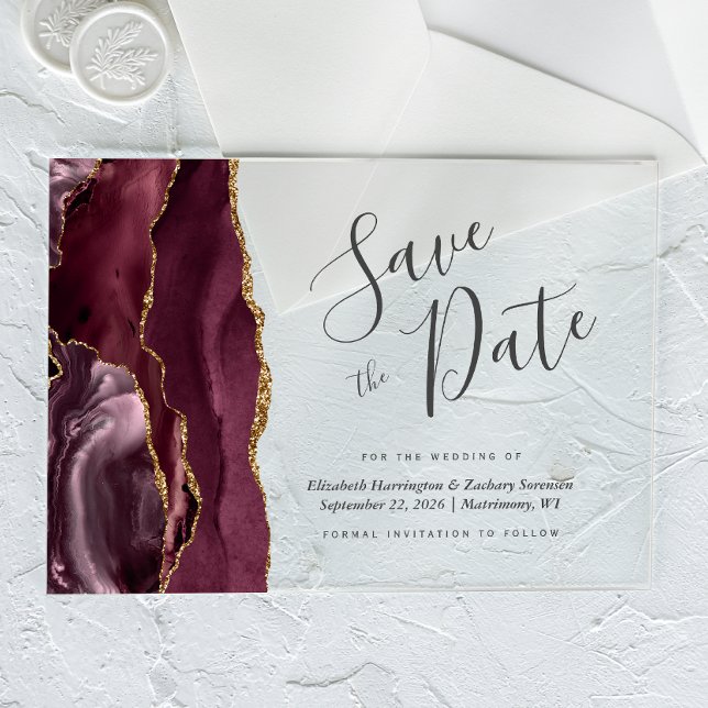 Modern Burgundy Gold Agate Save the Date Card (Creator Uploaded)