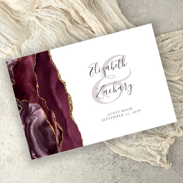 Modern Burgundy Gold Agate Script Guest Book (Creator Uploaded)