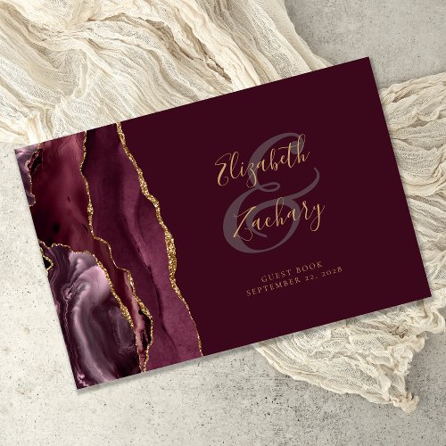 Modern Burgundy Gold Agate Script Guest Book