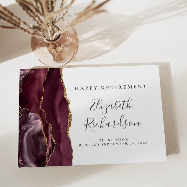 Modern Burgundy Gold Agate Script Retirement Guest Book (Creator Uploaded)