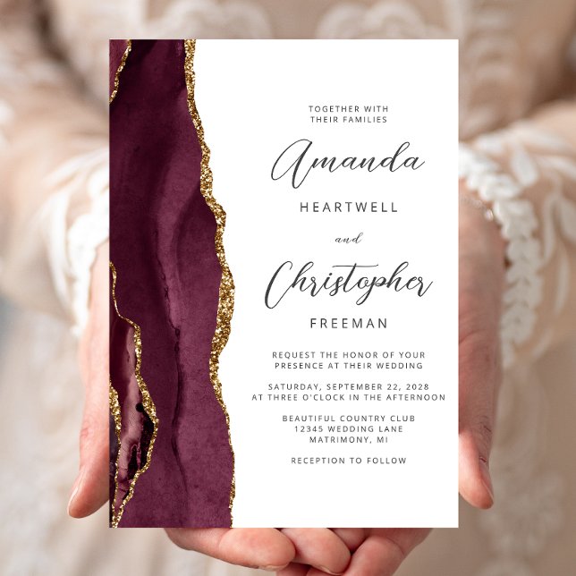 Modern Burgundy Gold Agate Script Wedding Invitation (Creator Uploaded)