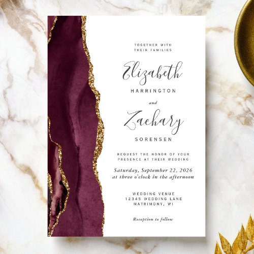 Modern Burgundy Gold Agate Wedding Invitation