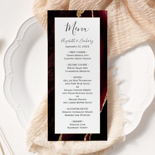 Modern Burgundy Gold Agate Wedding Menu