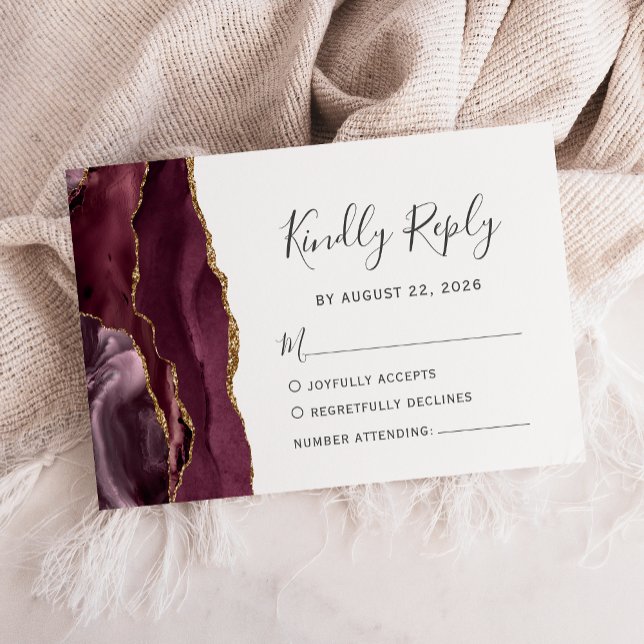 Modern Burgundy Gold Agate Wedding RSVP Card (Creator Uploaded)