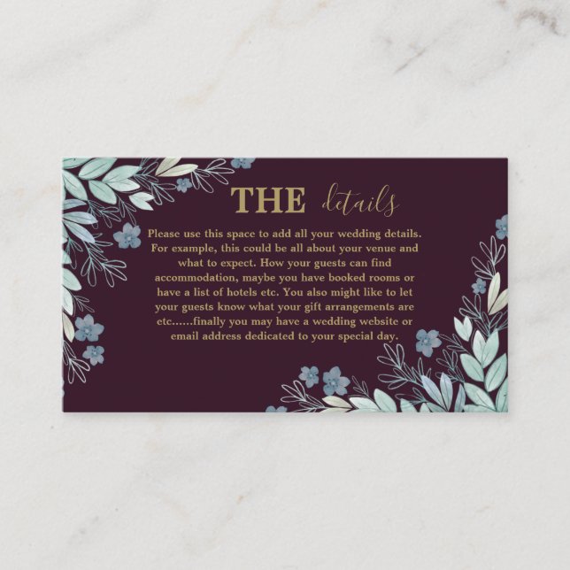 Modern Burgundy & Gold  Botanical Details Wedding Enclosure Card (Front)