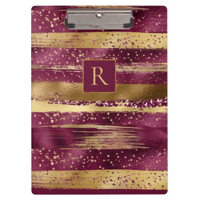 Modern burgundy, gold brush strokes and monogram   clipboard (Front)