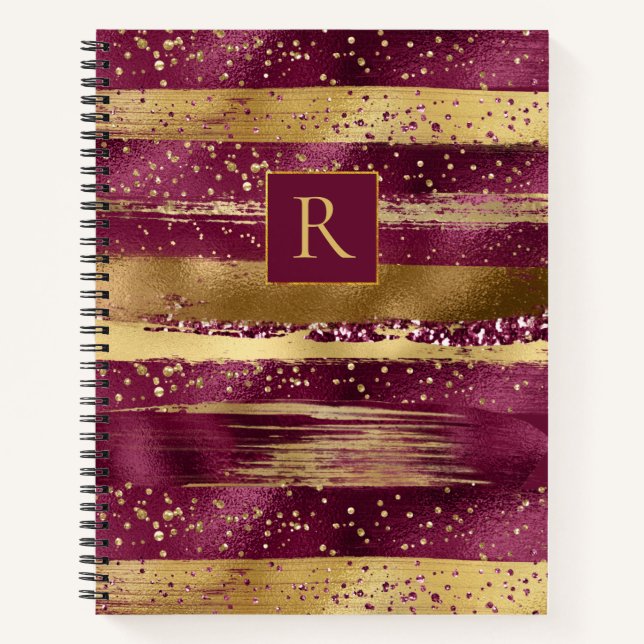 Modern burgundy, gold brush strokes and monogram notebook (Front)