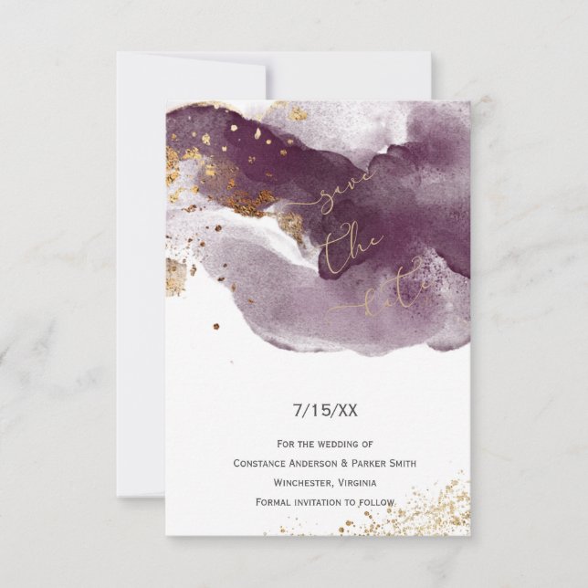 Modern Burgundy & Gold Brushstrokes Save the Date (Front)