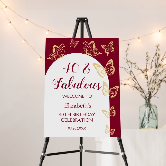 Modern Burgundy Gold Butterflies Fabulous Birthday Foam Board (In Situ (Stand))