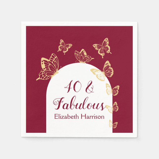 Modern Burgundy Gold Butterflies Fabulous Birthday Napkins (Front)