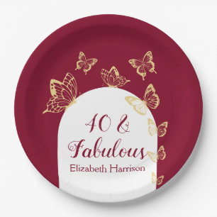 Modern Burgundy Gold Butterflies Fabulous Birthday Paper Plates