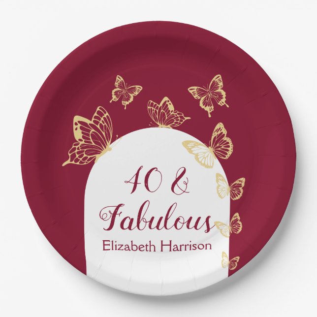 Modern Burgundy Gold Butterflies Fabulous Birthday Paper Plates (Front)