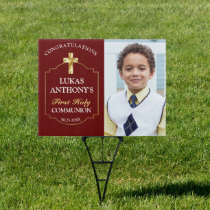 Modern Burgundy Gold Cross 1st Communion Congrats  Sign