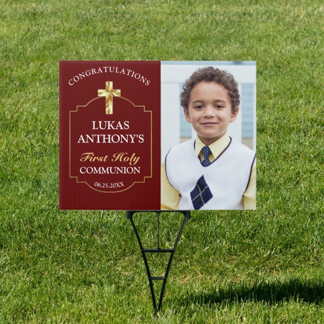 Modern Burgundy Gold Cross 1st Communion Congrats  Sign (Insitu)